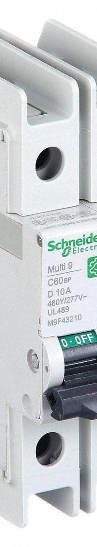 SCHNEIDER ELECTRIC IEC Miniature Circuit Breaker: 10 A Amps, 14kA at 120/240V AC, Screw Clamp, C60BP (MPN M9F43210). Key specifications — attr195863: Not Rated; attr211132: SCHNEIDER; attr195864: 14kA at 120/240V AC; attr195865: Screw Clamp; attr195867: 240/277/480V AC.