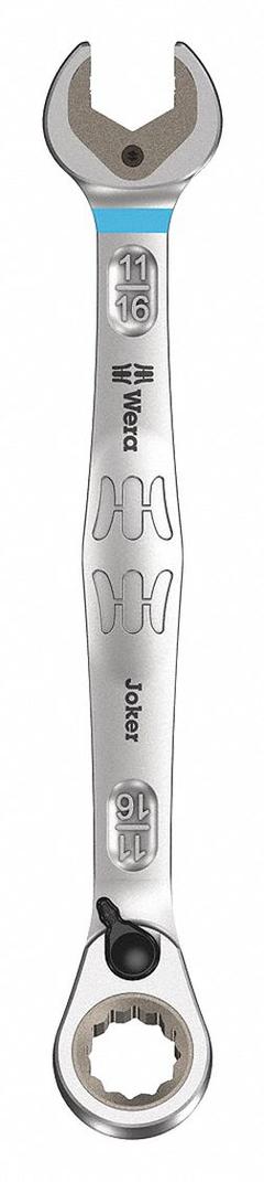 WERA Combination Wrench: Alloy Steel, Nickel Chrome, 11/16 in Head Size, 9 1/8 in Overall Lg, Offset (MPN 05020081001). Key specifications — attr309600: 11/16 in; attr309611: Nickel Chrome; attr309610: Alloy Steel; attr309604: Yes; attr309612: No; attr309613: No; attr309615: No; attr324932: WERA.