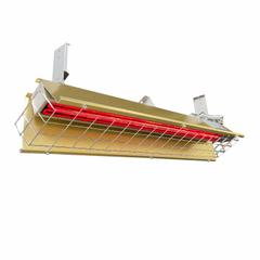 FOSTORIA Infrared Overhead Electric Heater: 3150 W Watt Output, 208V AC, 1 Phase, Hardwired, Gold (MPN F31-FSS-1). Key specifications — Wattage Output: 3150 W; Voltage: 208V AC; Brand: FOSTORIA; Electrical Connection: Hardwired; Element Type: Flat Panel Emitter; Housing Color: Gold; Housing Material: Aluminum; Overall Dimensions - L x W x D: 46 in x 9 in x 8-1/2 in.