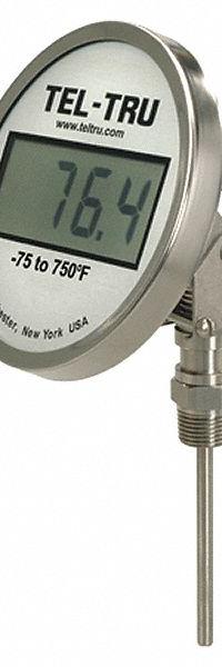 TEL-TRU Digital Thermometer: 4 in Stem Lg, -75°F to 750°F, ±0.5°F/0.3°C, 1/2 in Thread Size, NPT (MPN ND5AB09111-P22046). Key specifications — Thread Type: NPT; Brand: TEL-TRU; Accuracy: ±0.5 °F/0.3 °C.