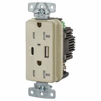 USB Receptacle: Duplex, 5-20R, 2 USB Ports, USB Type A/C, Ivory, 125V AC, 20 A (MPN USB20ACPDI). Key specifications — Brand: HUBBELL.
