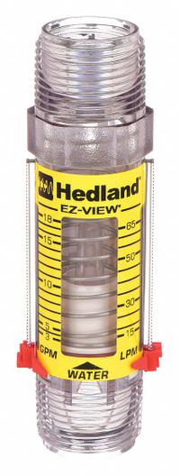 HEDLAND Mechanical Flowmeter: Flow Meter, Scale, Variable Area, Inline, Universal, Gallons/Liters (MPN H621-018). Key specifications — Display Type: Scale; O-Ring Material: Buna-N; Includes Flow Rate Adjustment Knob: No; Includes Pressure Guage: No; Mounting Orientation: Universal; Unit Of Measure: Gallons; Brand: HEDLAND; Accuracy: +/-5%.