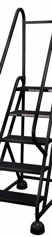 COTTERMAN Rolling Ladder: 3.8 ft Platform Ht, Partially Assembled, Steel, Wt-Actuated Auto-Lock (MPN ST-501 A2 C7 P5). Key specifications — Includes Handrails: Handrails Included; Material: Steel; Brand: COTTERMAN; Color: Black.