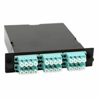 FIBERTRONICS Fiber Optic Cassette: Multi-Mode, OM3, 24 LC – UPC, 2 MPO – UPC Male, Low-Loss, Aqua (MPN MTC-24LCI27L). Key specifications — Brand: FIBERTRONICS; Color: Aqua; Attenuation Type: Low-Loss.