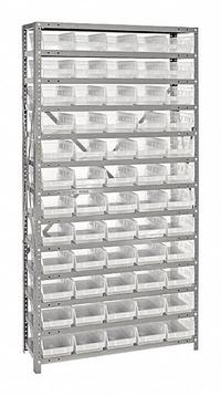 QUANTUM STORAGE SYSTEMS Pick Rack: 36 in x 12 in x 75 in, 1 Sided, 60 Bins, Open, Shelf Bin, Clear (MPN 1275-102CL). Key specifications — Includes Bins: Yes; Bin Material: Plastic; Frame Color: Gray; Bin HxWxD: (60) 4 in x 2-3/4 in x 11-5/8 in; Frame Material: Steel; Bin Color: Clear; Bin Style: Shelf; Brand: QUANTUM STORAGE SYSTEMS.