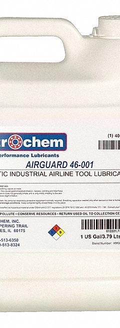 PETROCHEM Air Tool Oil: Synthetic, -55°F Min. Op Temp., 450°F Max. Op Temp., NSF H2, Pail (MPN AIRGUARD 46-001). Key specifications — attr1321222: Synthetic; attr1321226: 15W; attr1321227: 128; attr1321244: PETROCHEM; attr1321245: Pail.