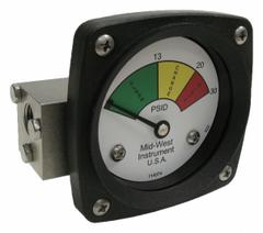 MIDWEST INSTRUMENT 3-Color Differential Pressure Indicator: 1,000 psig Max. Static Pressure, 522 (MPN 522S-030). Key specifications — Brand: MIDWEST INSTRUMENT; Accuracy: ±5% of Full Scale; Sensor Material: Buna-N; Housing Material: Stainless Steel; Transition Points: 0 psid to 13 psid (Green) / 13 psid to 20 psid (Yellow) / 20 psid to 30 psid (Red).
