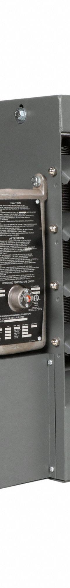 TPI INDUSTRIAL Electric Unit Heater: 7.5 kW Watt Output, Gray, 480V AC, 3-Phase, 580 cfm Air Flow (MPN HLA12-480360-7.5-24TD). Key specifications — Voltage, Phase: 480V AC, 3-Phase; Brand: TPI INDUSTRIAL; Housing Color: Gray.