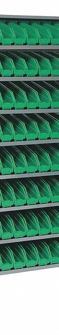 QUANTUM STORAGE SYSTEMS Pick Rack: 36 in x 24 in x 60 in, 2 Usable Sides, 16 Shelves, 192 Bins (MPN QPRD-100GN). Key specifications — Bin HxWxD: (192) 4 in x 2-3/4 in x 11-5/8 in; Frame Material: Steel; Frame Color: Gray; Bin Color: Green; Brand: QUANTUM STORAGE SYSTEMS.