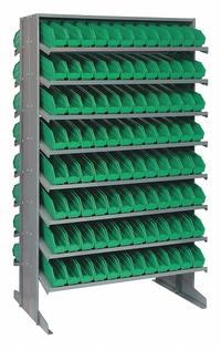 QUANTUM STORAGE SYSTEMS Pick Rack: 36 in x 24 in x 60 in, 2 Usable Sides, 16 Shelves, 192 Bins (MPN QPRD-100GN). Key specifications — Bin HxWxD: (192) 4 in x 2-3/4 in x 11-5/8 in; Frame Material: Steel; Frame Color: Gray; Bin Color: Green; Brand: QUANTUM STORAGE SYSTEMS.
