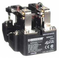 SCHNEIDER Open Power Relay: Surface Mounted, 30 A Current Rating, 120V AC, DPDT, 8 Pins/Terminals (MPN 8501CO16V20). Key specifications — Brand: SCHNEIDER; Base Type: Square; Mounting Style: Through Panel; Electrical Connection: Screw Clamp; Manufacturer Part Number: 8501CO16V20; Series: 8501C Series.