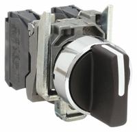 SCHNEIDER Selector Switch: 22 mm Panel Mounting Size, 3 Positions, Short Lever, 2NO, Metallic (MPN XB4BD33). Key specifications — AC Contact Rating: 3 A @ 240 V; Action: Maintained/Maintained/Maintained; Cam: No Cam Included; DC Contact Rating: 0.1 A @ 600 V; Hazardous Location Specification: Not Rated; Operator Head Material: Plastic; Operator Head Type: Short-Handled Knob; Operator Illumination: Non-Illuminated.