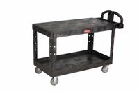 RUBBERMAID COMMERCIAL PRODUCTS Utility Cart: 750 lb, 2 Shelves, 47 in L x 25 in W Self, Black (MPN FG454500BLA). Key specifications — Shelf Color: Black; Brand: RUBBERMAID COMMERCIAL PRODUCTS; Caster/Wheel Configuration: (2) Rigid.