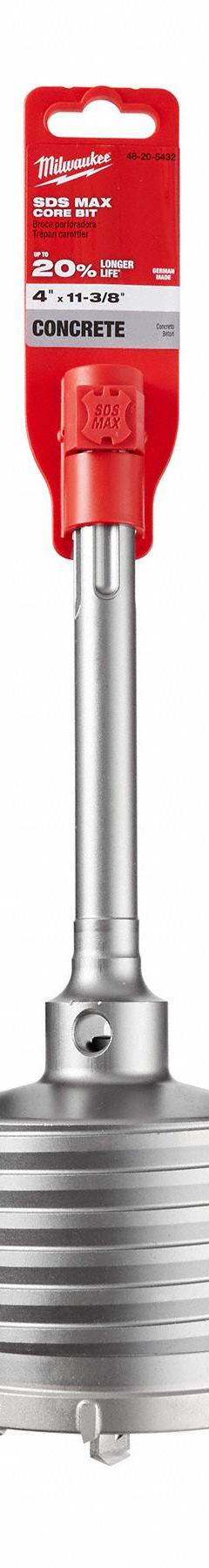 MILWAUKEE SDS-MAX Core Bit: SDS Max Shank, 4 in Core Dia, 3 in Core Body Lg, 11 3/8 in Overall Lg (MPN 48-20-5432). Key specifications — attr253668: 4.0000 in; attr253671: No; attr253680: Dry; attr277142: MILWAUKEE.