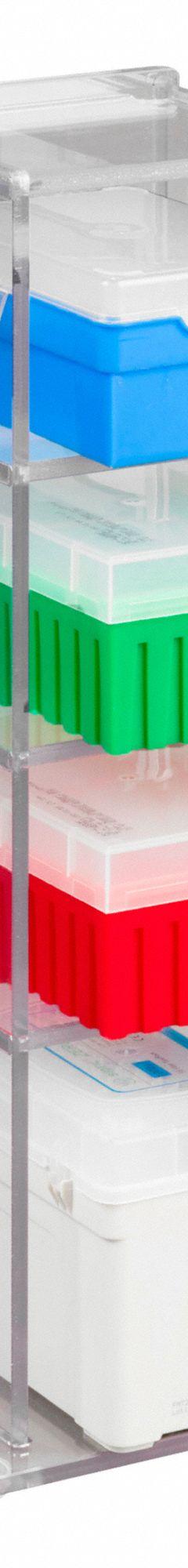 Lab Bench Vertical Organizer: 6 3/4 in Overall Wd, 16 in Overall Ht, 5 3/4 in Overall Lg, PETG (MPN 4VTORG). Key specifications — Material: PETG; Mounting Location: Benchtop; Color: Clear; Product Type: Lab Organizer; Total Holding Capacity: (4) Boxes of Tips; Brand: POLTEX.