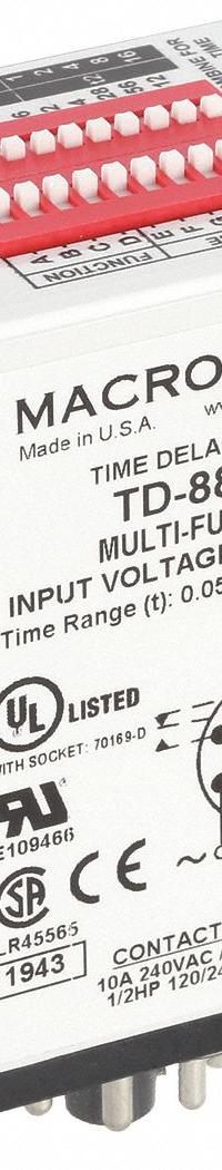 MACROMATIC Multi-Function Time Delay Relay: Socket Mounted, 120V AC, 10 A, 8 Pins/Terminals (MPN TD-88162). Key specifications — Delay Function: Multi Function; Mounting Style: Plug-In; Input Voltage: 120V AC/DC; Brand: MACROMATIC.