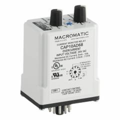 MACROMATIC Current Sensor Relay: Socket Mounted, 10 A Current Rating, 24V AC, Overcurrent, Pin (MPN CAP10AD68). Key specifications — Series: CAP Series; Electrical Connection: Terminal Strip; Monitored Parameters: Overcurrent; Mounting Style: Plug-In; Status Indicator: LED Indicator; Trip Point: 0.1 to 10 A; Trip Point Type: Adjustable; Brand: MACROMATIC.
