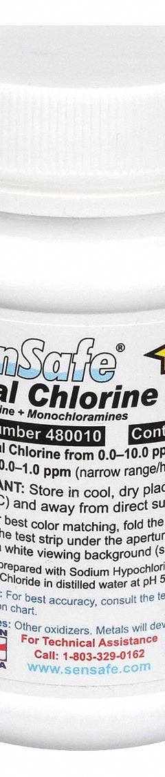INDUSTRIAL TEST SYSTEMS Test Strips: Total Chlorine, 0 to 10 ppm Total Chlorine, Strip, 50 Tests (MPN 480010). Key specifications — Test Form: Strip; Brand: INDUSTRIAL TEST SYSTEMS; Parameter Measurements Included: 0 to 10 ppm Total Chlorine.