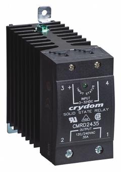 CRYDOM Solid State Relay: DIN-Rail Mounted, 45 A Max Output Current, SCR, AC Output (MPN CMRD4845). Key specifications — Brand: CRYDOM; Current Type: DC; Electrical Connection: Cage Type; Finger Safe: Yes; Input Current: 30 mA; Maximum Output Current without Heat Sink: 45 A; Mounting Style: DIN Rail; Output Voltage: 48 to 530V AC.