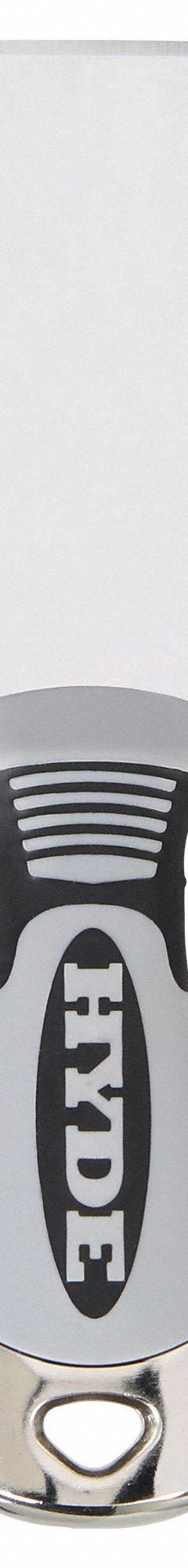 HYDE Scraper: Bld. Mat. Stainless Steel, Hdl. Mat. Plastic, Stiff, Straight Bld. Shape (MPN 06158). Key specifications — attr1004902: HYDE; attr1012057: Full; attr1014703: Plastic; attr1017570: Hammer End; attr1029655: Straight; attr1034073: Straight.