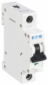EATON IEC Supplementary Protector: 3 A Amps, 48V DC, 15kA at 240/415V AC, Lug, FAZ, 277/480V AC, D (MPN FAZ-D3/1-SP). Key specifications — Brand: EATON; Terminal Connection: Lug; DC Voltage Rating: 48V DC; Max. AIR Rating: 15kA at 240/415V AC; Series: FAZ; AC Voltage Rating: 277/480V AC; Curve Type: D.
