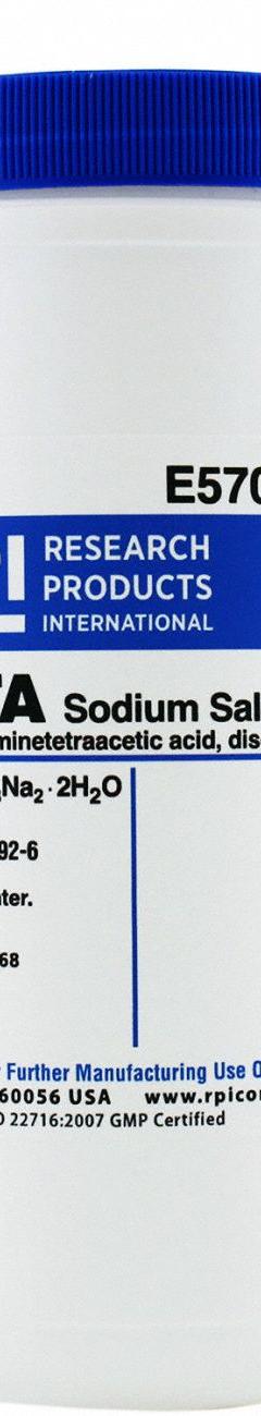 RPI EDTA Disodium Salt: 500 g Volume, USP/ACS, pH: 4.0 to 6.0, Powder, Plastic (MPN E57020-500.0). Key specifications — Form: Powder; Special Information: pH: 4.0 to 6.0; Brand: RPI; Chemical Grade: USP; Container Material: Plastic.