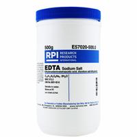 RPI EDTA Disodium Salt: 500 g Volume, USP/ACS, pH: 4.0 to 6.0, Powder, Plastic (MPN E57020-500.0). Key specifications — Form: Powder; Special Information: pH: 4.0 to 6.0; Brand: RPI; Chemical Grade: USP; Container Material: Plastic.