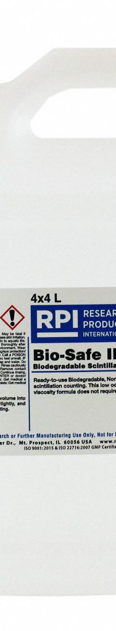 RPI Bio-Safe II Counting Cocktail: 4 L Volume, 68648-87-3, Liquid, Bottle (MPN 111195-CS). Key specifications — attr1082023: RPI; attr1096259: 68648-87-3; attr1096263: Lab; attr1096270: Bottle; attr1096278: Liquid.