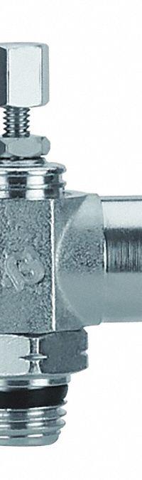 AIGNEP USA Universal Flow Control: Elbow Fitting, Knob, 1/4 in Valve Body Size, 1/4 in Tube (MPN 88957-04-04). Key specifications — attr947203: Stainless Steel; attr947205: AIGNEP USA.