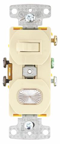 BRYANT Wall Switch: Toggle Switch, Single Pole, Maintained, Ivory, 120V AC, 15 A (MPN RC109I). Key specifications — Illuminated: Yes.
