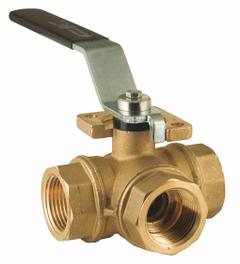 BONOMI Manual Three-Way Ball Valve: 1 1/2 in, Brass, L Flow, FNPT x FNPT x FNPT, Std Port Ball Port (MPN 365N-11/2"). Key specifications — Brand: BONOMI; Handle: Lever.