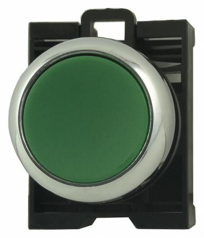 EATON Flush Push Button: Green, 22 mm Mounting Size, Metallic - Flush-Mount & Recessed Push-Button Operators