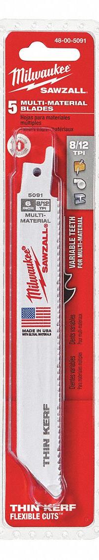 MILWAUKEE Reciprocating Saw Blade: 8/12 Teeth per Inch, 6 in Blade Lg, 0.05 in Blade Thick, 5 PK (MPN 48-00-5091). Key specifications — attr1109198: 8/12; attr1109200: Rigid for Straight Cuts; attr1109201: Straight; attr1109209: MILWAUKEE.