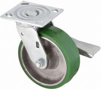 APPROVED VENDOR Plate Caster: Swivel, Side Brake, Polyurethane, 6 in Wheel Dia, 2 in Wheel Wd, Slot (MPN P21S-UA060R-14-CB-001). Key specifications — Wheel Bearing Type: Roller; Wheel/Tread Color: Green; Brand: APPROVED VENDOR; Caster Type: Swivel with Brake.