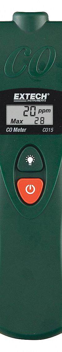 EXTECH Carbon Monoxide Detector: Gas Analyzers for Carbon Monoxide, Carbon Monoxide, Sound, CO15. Key specifications — attr1000617: CO15; attr1000624: EXTECH; attr1000625: Not Certified; attr1000626: LCD with Backlight; attr1000630: Wrist Strap; attr1000647: ±20% of Reading (0 to 100ppm); attr1000648: Battery; attr1028581: Sound.