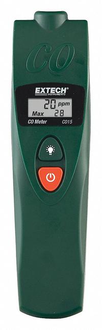 EXTECH Carbon Monoxide Detector: Gas Analyzers for Carbon Monoxide, Carbon Monoxide, Sound, CO15. Key specifications — attr1000617: CO15; attr1000624: EXTECH; attr1000625: Not Certified; attr1000626: LCD with Backlight; attr1000630: Wrist Strap; attr1000647: ±20% of Reading (0 to 100ppm); attr1000648: Battery; attr1028581: Sound.
