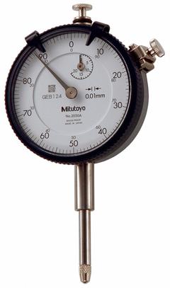 MITUTOYO Dial Indicator: 0.01 mm to 20 mm, Metric, Vertical, 0.02 mm Accuracy, 57 mm Dial Size (MPN 2050AB). Key specifications — attr1184168: 2050AB; attr1184178: 0-100; attr1184223: MITUTOYO; attr1200883: Dial Indicator; attr1184173: AGD 2; attr1184177: 0.02 mm; attr1184208: Certificate of Inspection; attr1184179: Vertical.