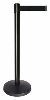 QUEUEWAY Barrier Post with Belt: Black, No Pattern, No Legend, 10 ft Belt Lg, Black, 10 ft x 2 in (MPN QPLUS-33-B9). Key specifications — Base Material: ABS; Belt Color: Black; Brand: QUEUEWAY; Post Material: Metal Alloy; Post Color: Black; Message: No Legend.