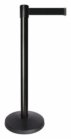 QUEUEWAY Barrier Post with Belt: Black, No Pattern, No Legend, 10 ft Belt Lg, Black, 10 ft x 2 in (MPN QPLUS-33-B9). Key specifications — Base Material: ABS; Belt Color: Black; Brand: QUEUEWAY; Post Material: Metal Alloy; Post Color: Black; Message: No Legend.