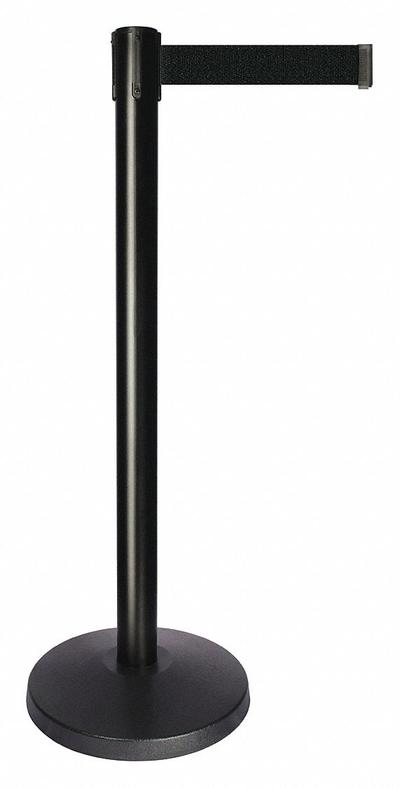 QUEUEWAY Barrier Post with Belt: Black, No Pattern, No Legend, 10 ft Belt Lg, Black - Solid-Color Retractable Belt Post Barriers