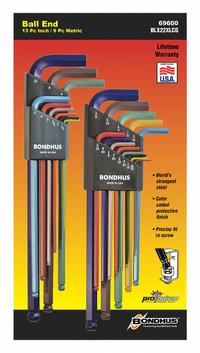 BONDHUS Hex Key Set: 16 or More Pieces, L, Metric and SAE, Single Ball End, Extra Long, 22 Pieces (MPN 69600). Key specifications — attr1205553: Not Tether Capable; attr1205554: BONDHUS; attr1205568: ColorGuard™; attr1293176: 16 or More Pieces.