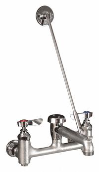 DOMINION COMMERCIAL FAUCETS Straight Service Sink Faucet: Wall, Widespread, Brass, Chrome, Straight (MPN 77-9108). Key specifications — Color/Finish: Chrome; Includes: Handles.