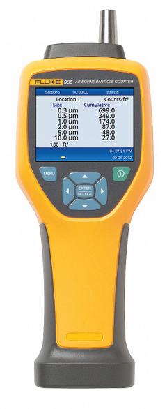 FLUKE Particle Counter: Included, NIST, 10% at 4,000,000 particles per cu ft Coincidence Loss, LCD (MPN FLUKE-985). Key specifications — Brand: FLUKE; Calibration Certificate_Broad: Included.