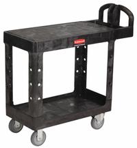 RUBBERMAID COMMERCIAL PRODUCTS Utility Cart: 500 lb, 2 Shelves, 31 in L x 17 in W Self, Black (MPN FG450500BLA). Key specifications — Shelf Color: Black; Brand: RUBBERMAID COMMERCIAL PRODUCTS; Caster/Wheel Configuration: (2) Swivel.