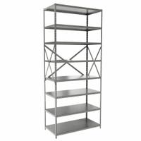 HALLOWELL Metal Shelving: Standalone, Medium-Duty, 36 in x 18 in, 84 in Overall Ht, 8 Shelves (MPN F4513-18HG). Key specifications — Frame Material: Steel; Shelving Material: Steel; Assembled: Unassembled; Color: Gray; Brand: HALLOWELL.