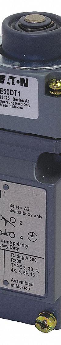 EATON Plunger Limit Switch: Plunger Actuator, Momentary/Momentary, Metallic, 8 ozf Op Force - Min (MPN E50AT1). Key specifications — Manufacturer Part Number: E50AT1; Brand: EATON; Electrical Connection: Screw Terminals; Action: Momentary/Momentary; Series: E50; Body Material Type: Metallic; Actuator Type: Plunger.