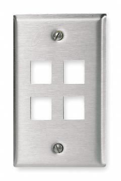 HUBBELL PREMISE WIRING Wall Plate: Silver, 1 Gang, 4 Port, Flat Module, Stainless Steel, Vertical (MPN SSF14). Key specifications — Brand: HUBBELL PREMISE WIRING; Material: Stainless Steel; Color: Silver; Compatible Connector Type: Keystone Jack Modules; Outlet Orientation: Vertical; Module Style: Flat.