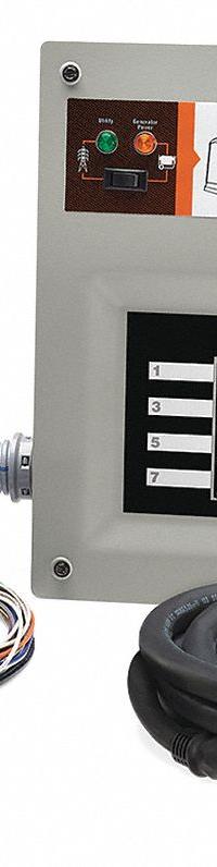GENERAC Manual Transfer Switch Kit: Single Phase, 120/240V AC, 50 A Current Rating, 16 Spaces, 1 (MPN 9855). Key specifications — Includes: 12 in Pre-Wired Whip; Brand: GENERAC; Prewired: Yes; Rated Voltage: 120/240V AC.