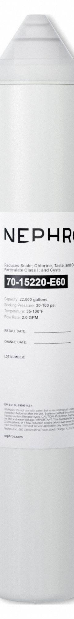 NEPHROS Quick-Connect Water Filter: 1 micron, 2 gpm, 17 in Overall Ht, 3 in Overall Dia (MPN 70-15220-E60). Key specifications — Product Type: Quick-Connect Water Filter; Filter Media: Treated Polymer Beads; Brand: NEPHROS; Reduces: Class 1 Particulate.