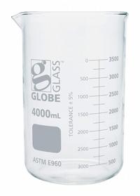 GLOBE SCIENTIFIC Beaker: 4,000 mL, 135.68 fl oz, A, Low Form, Type I, White, Borosilicate Glass (MPN 8014000). Key specifications — attr1371034: Type I; attr1371051: GLOBE SCIENTIFIC; attr1371062: White.